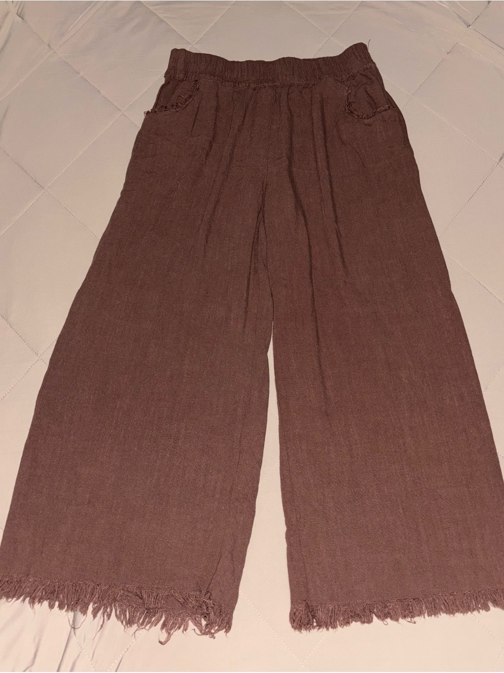 Umgee Brown Wide-Leg Casual Pants with Frayed Hem